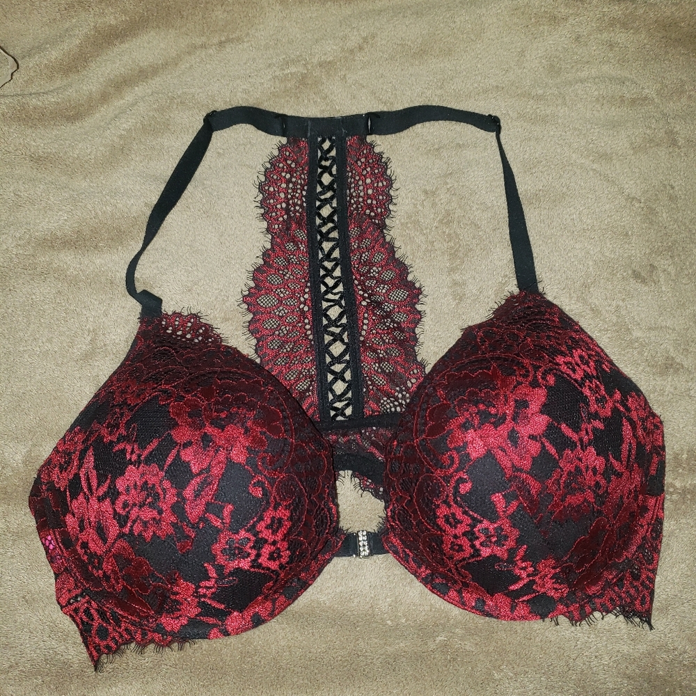 Red and Black Floral Lace Padded Bra